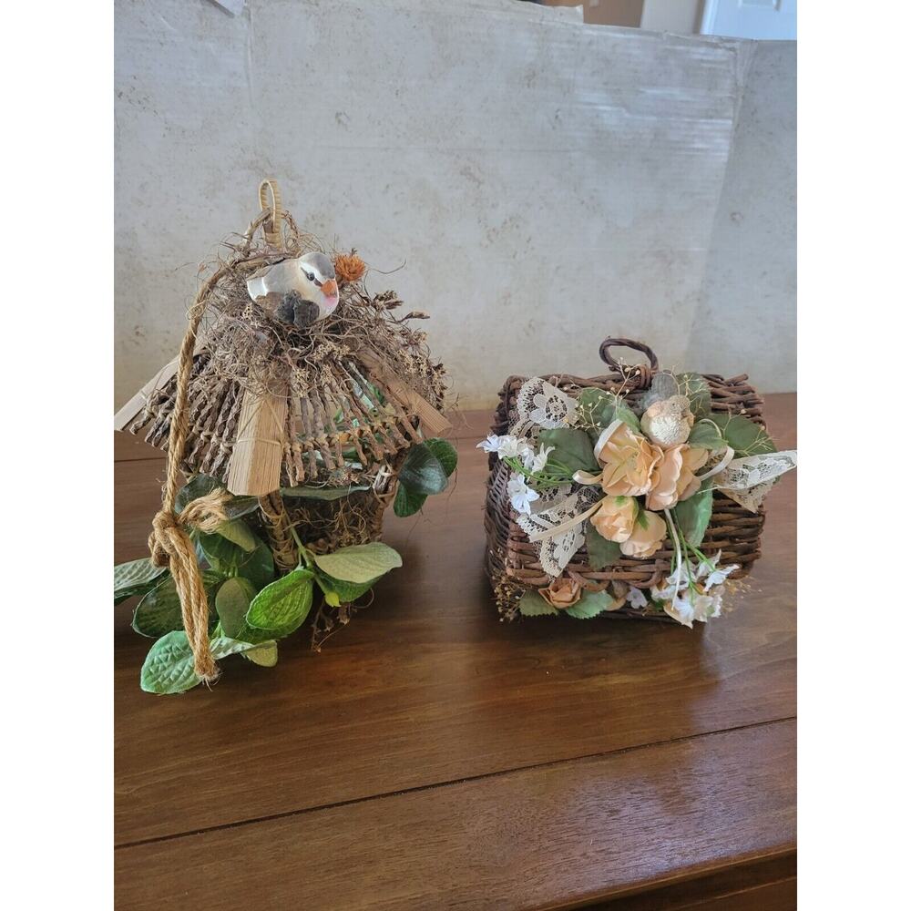2 Vintage Wicker Rattan Decorative Birdhouses Sticks Decor Shabby Chic